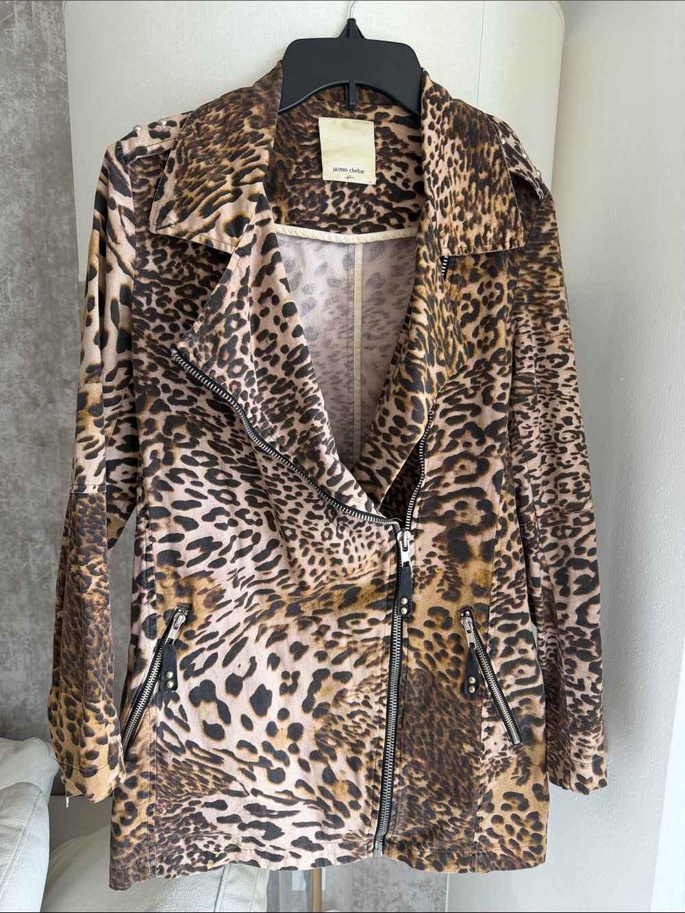 Leopard-Print Faux Leather Moto Jacket - Brown & Black